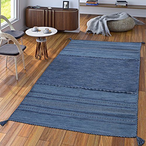TT Home Handwebteppich Wohnzimmer Natur Webteppich Kelim Modern Baumwolle Streifen Blau,...