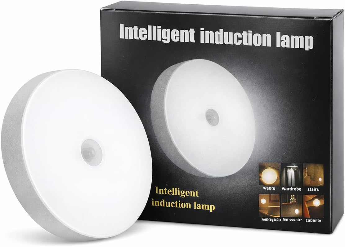 Intelligent Induction Lamp, Motion Sensor LED Light, Round White, Battery Powered, for Wardrobe Stairs Washbasin