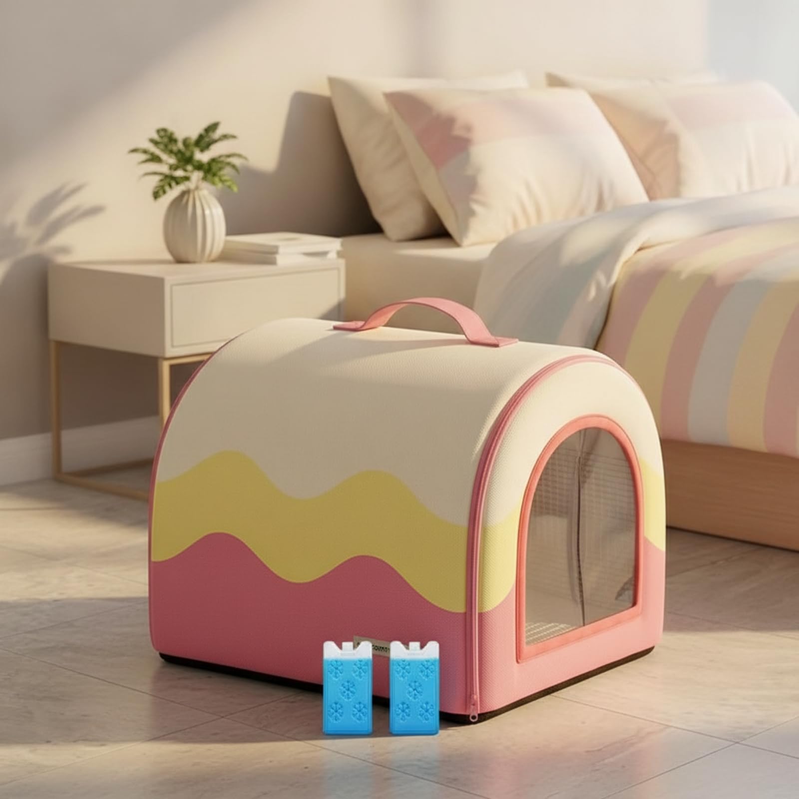 Niche D'intérieur Confortable Niche Souple Confortable Maison avec Poignée pour Petits Chiens, Nouveaux Animaux Compagnie, Chambre, Marron Crème, M