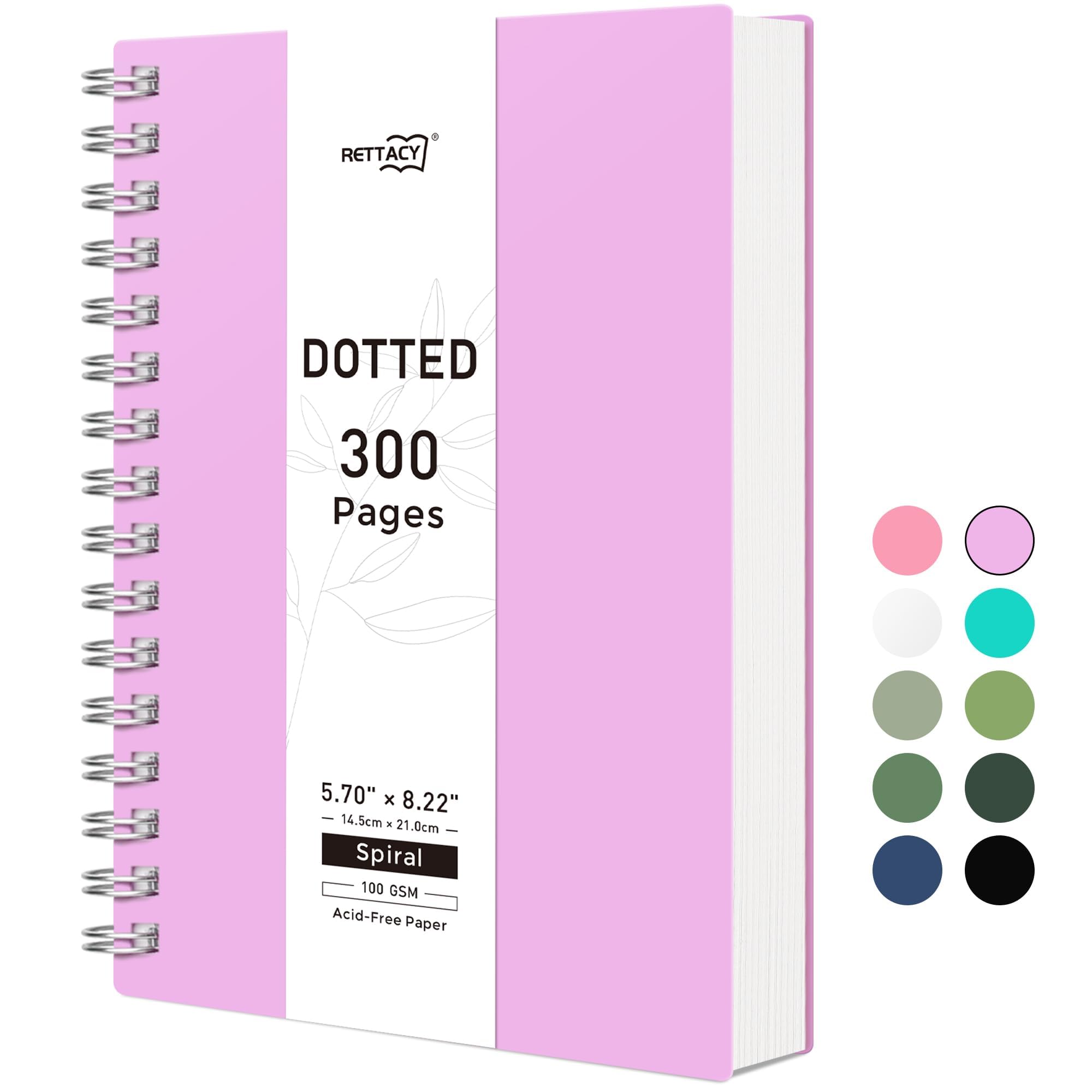 RETTACY Dotted Journal Notebook, 300 Pages, A5 Medium Size (5.7'' × 8.2''), 100 GSM Thick Paper, Flexible Plastic Cover, Spiral-bound, for Journaling,