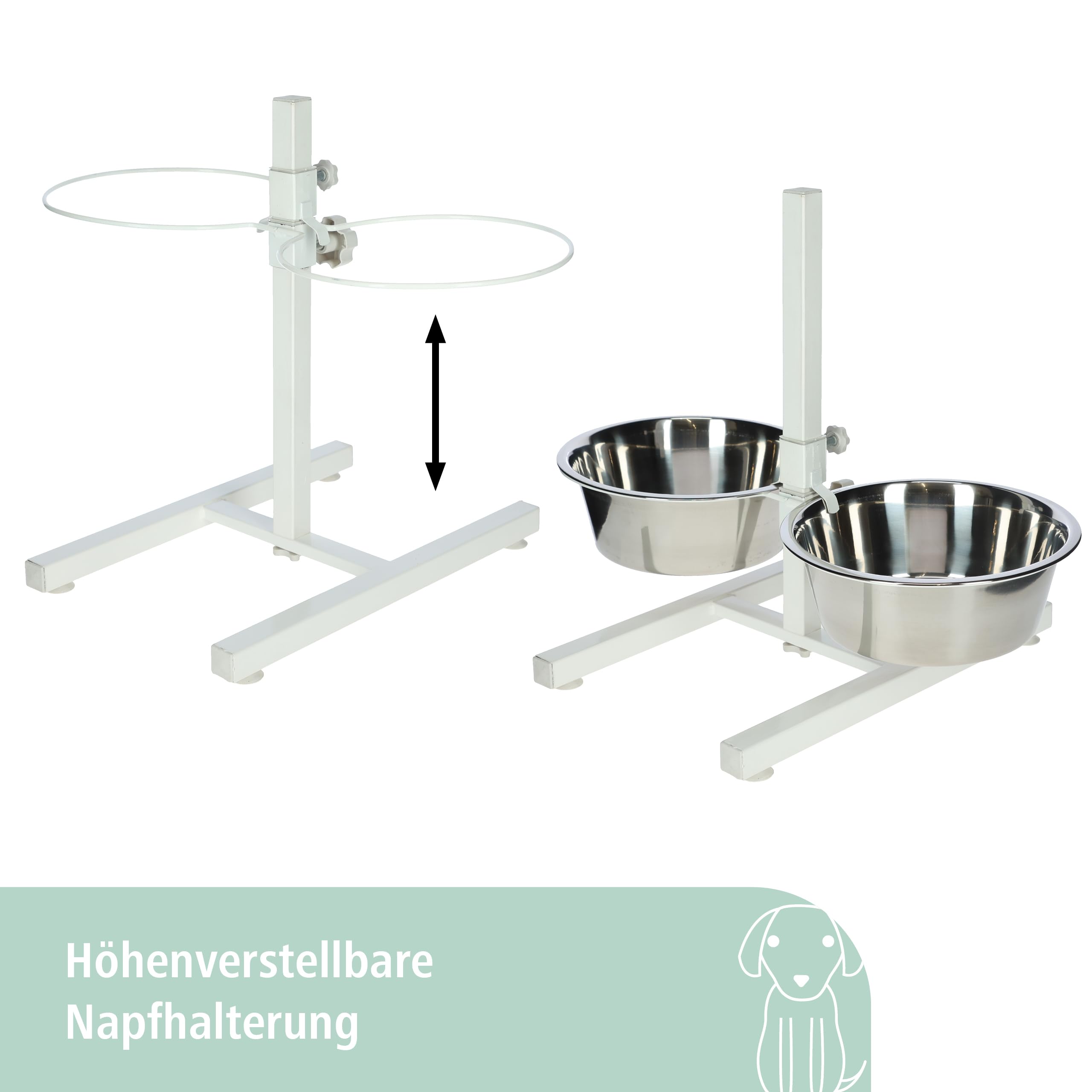 Kerbl Karmnik z miskami ze stali nierdzewnej, bezstopniowa regulacja miski dla psów, 2 x 1800 ml, wysokość 43 cm, biała