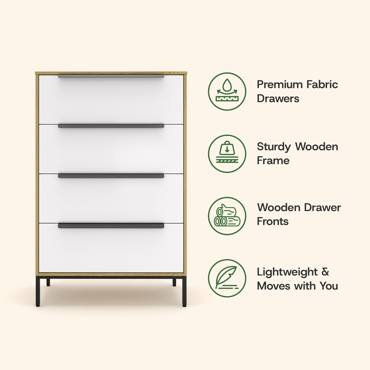 tinge Lira Premium 4 Drawer Fabric Dresser - Solid Wood Frame Chest of Drawers for Bedroom - Strong & Sag-Proof Clothing Organizer with Sleek Metal Handles (Light Brown)