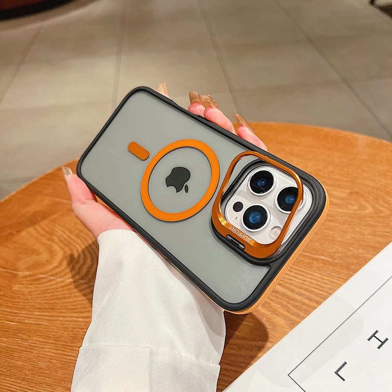 Image of LuxuryKase Smoked Clear MagSafe Case for iPhone 16 Pro | Metal Camera Guard Kickstand | Rugged Grip Edge | Hard PC Back + Soft TPU | Wireless Charging Support - Orange