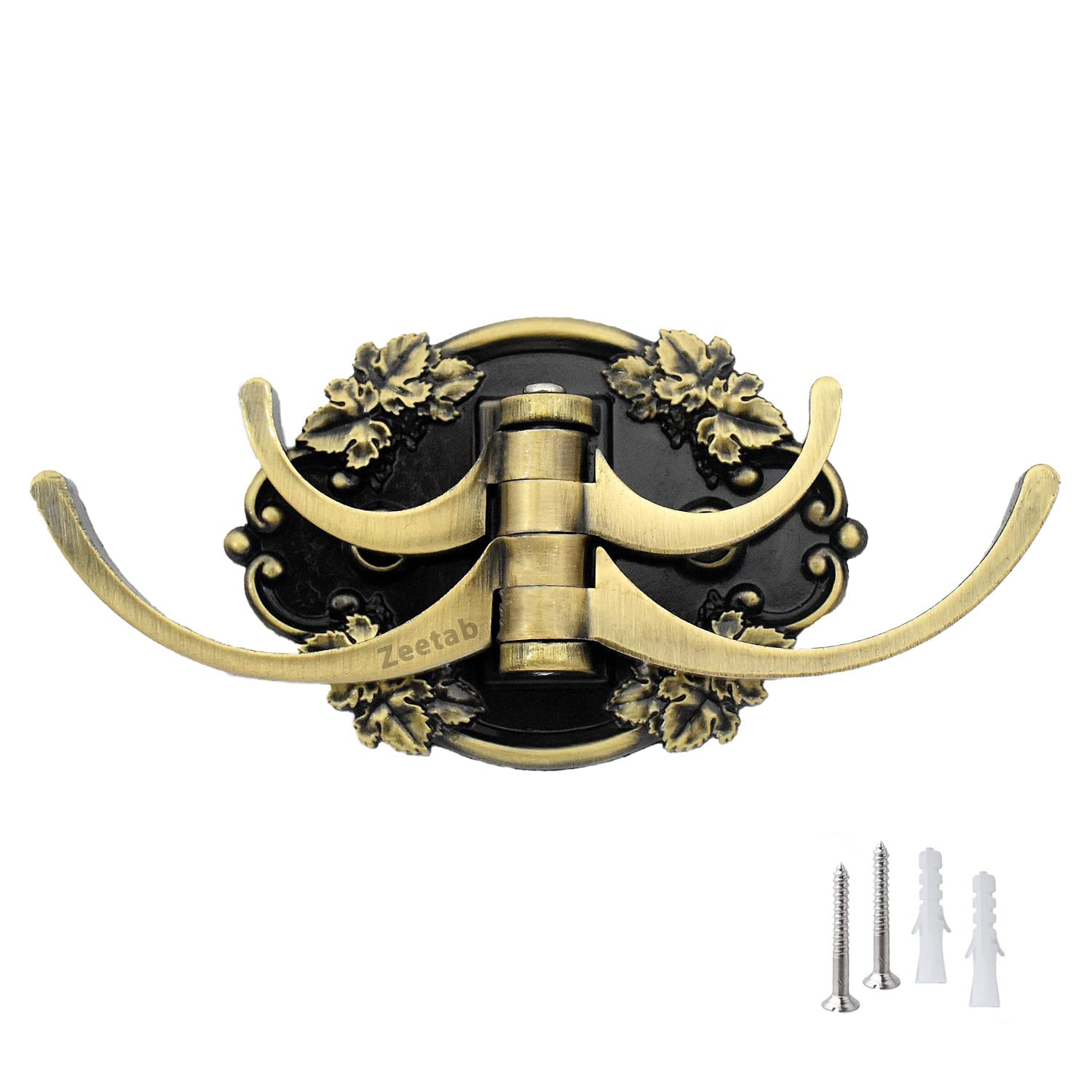 Zeetab Leaf Multipurpose Metal Hanger with Adjustable 4 Big Hook | Royal Wall Mounted Brass Key Holder for Home | Antique Metal Rail Robe for Cloth & Bathroom Towel (16x7cm)