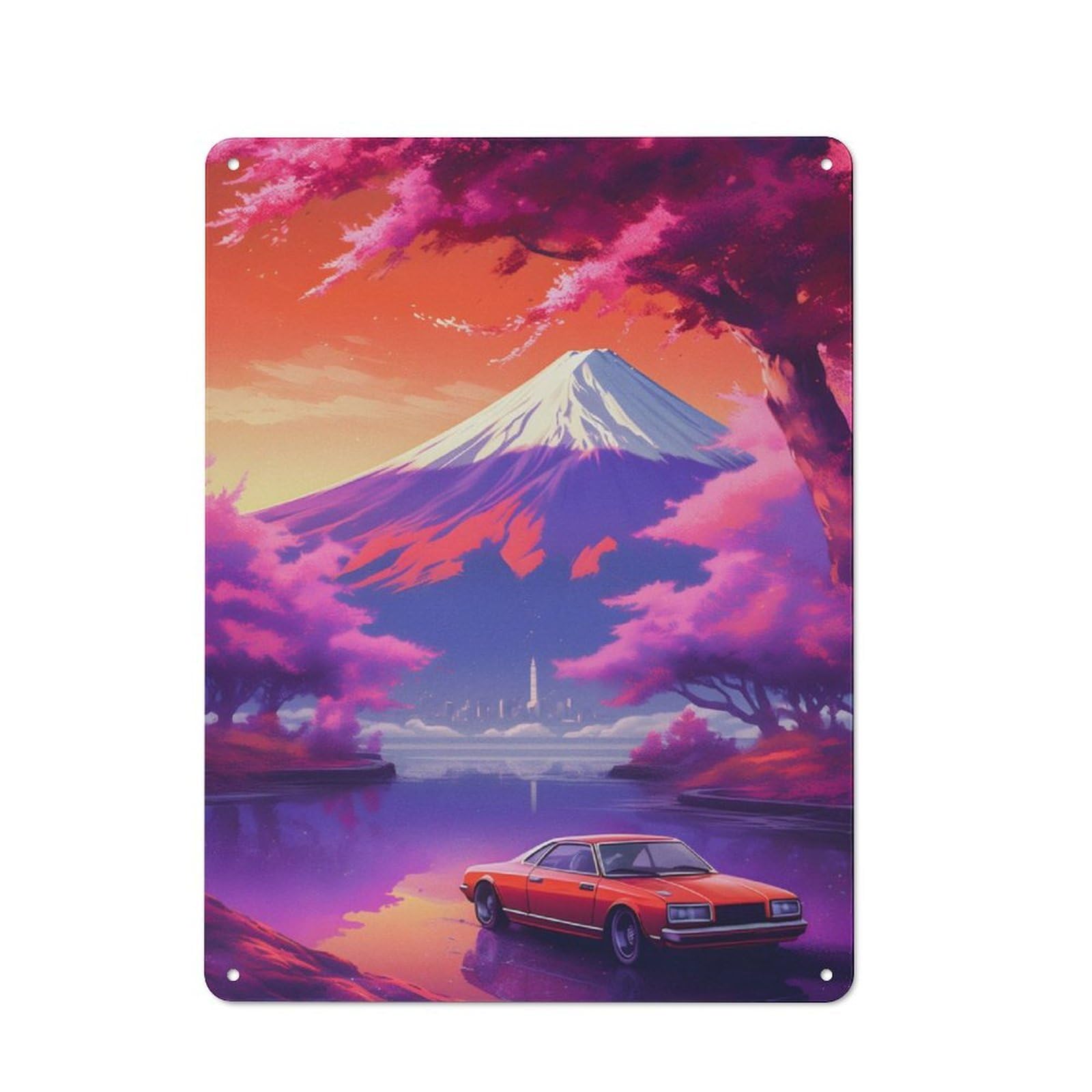 Junmoney Sunset In Mount Fuji Rustic Tin Wall Plaque 40X30cm For Studio Or Craft Room, For Garage, Workshop And Man Cave Decoration