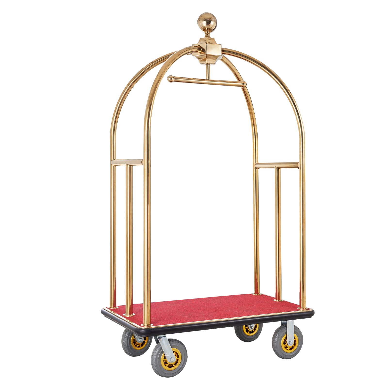 VEVOR Carrello Portavaligie per Hotel, Carico 680 kg Carrello Trasporto Portavaligie in Acciaio Inox Spazzolato con Montanti Curvi, Ponte in Moquette Rossa, Ruote in Gomma 203,2 mm per Hotel Condomini