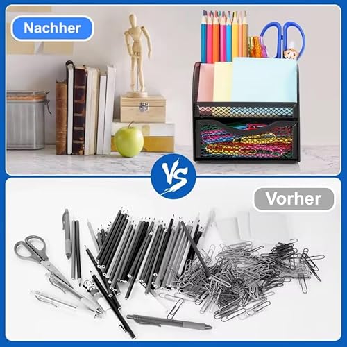 FORKLS Schreibtischorganizer – Metallgitter Stiftehalter mit 4 Fächern & Ausziehbarer Schublade, Kompakte Büroorganisation für Büro, Zuhause & Schule