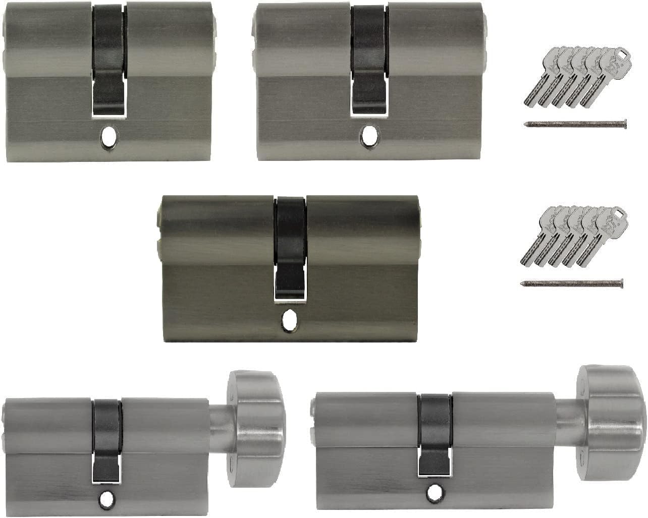 5 Schließzylinder gleichschließend versch. Größen mit 10 Schlüssel (mit Not- und Gefahrenfunktion) Metallic Silber Grau