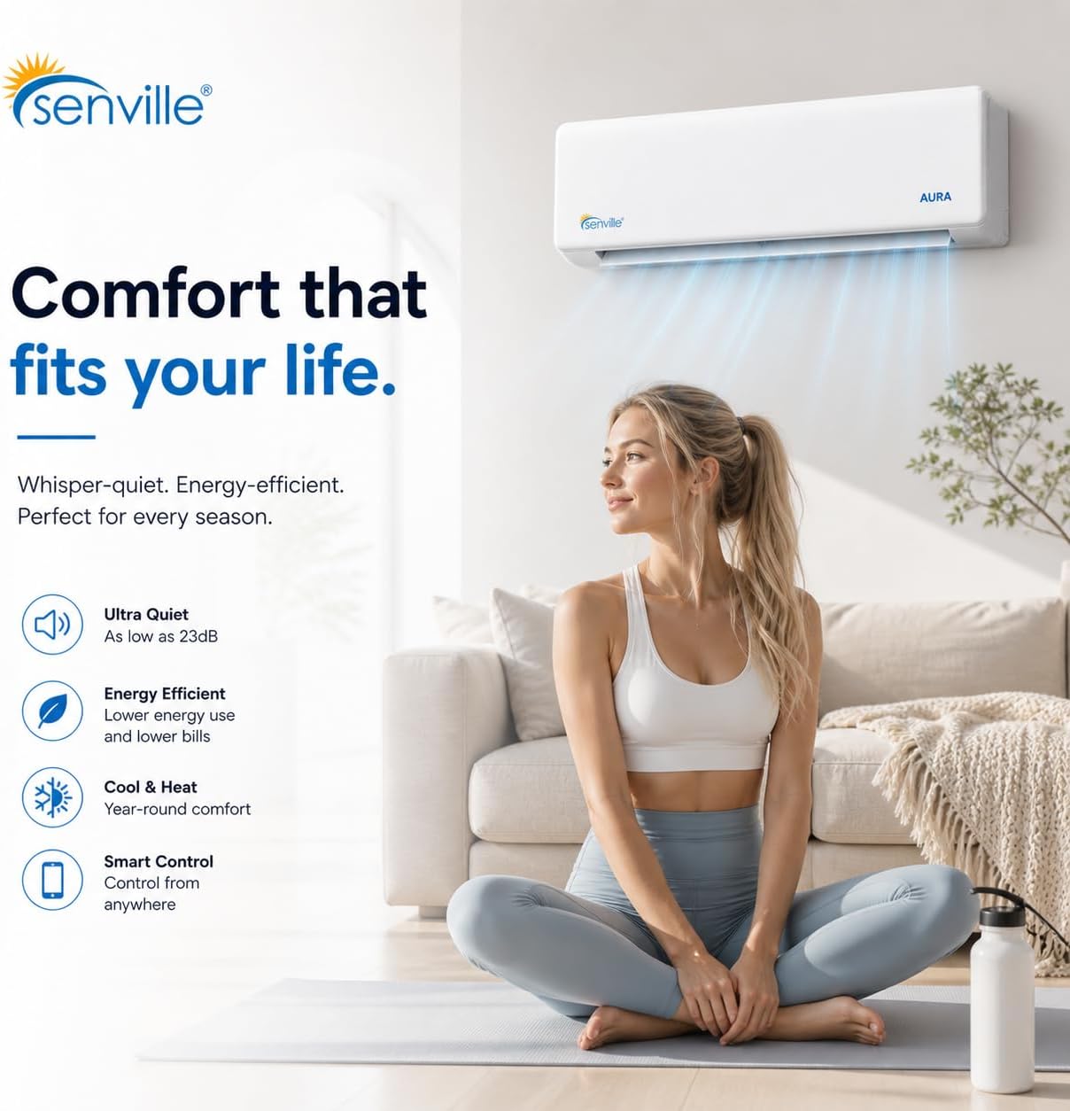 Senville AURA Series Mini Split Air Conditioner Inverter Heat Pump, 33000 BTU, Energy Star, White
