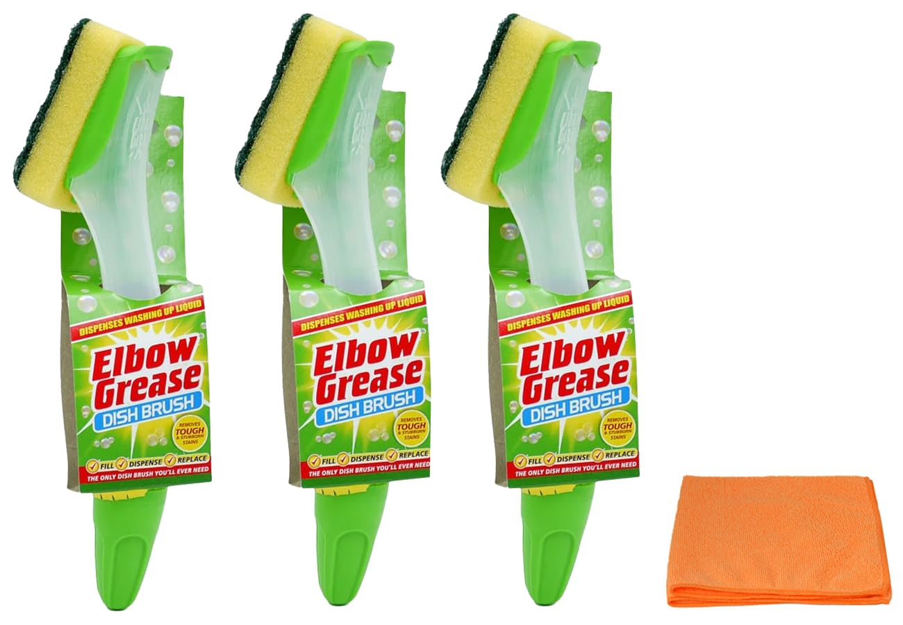 Topest Green 3X Elbow Grease Fillable Washing Up Brush With Refill Sponge- Ergonomic Design Handle - With Ultra Absorbent Microfibre Cleaning Cloth