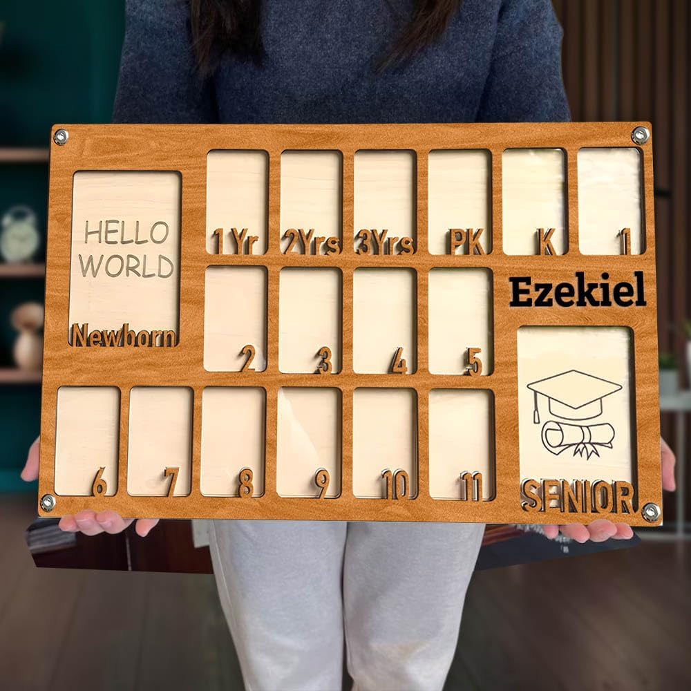 Custom School Years Picture Frame Newborn to Graduation, Personalized Birth to 12th Grade Wooden Photo Frame, Hello World to 12 Graduation Yearly School Collage Frame for 18 Photos with Kids Name