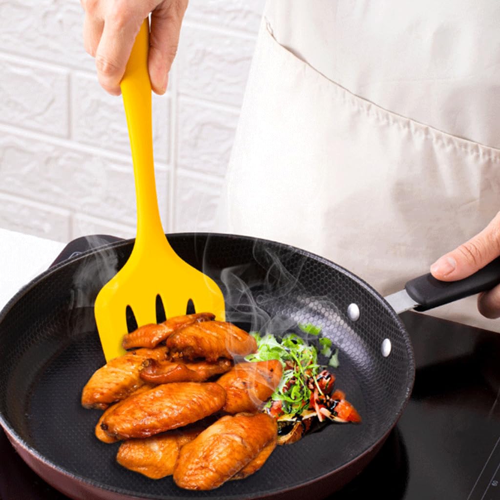 Utensilios de cocina, cuchara de arroz de silicona, pala de herramientas de cocina resistente al calor con cucharas para servir amarillas ranuradas