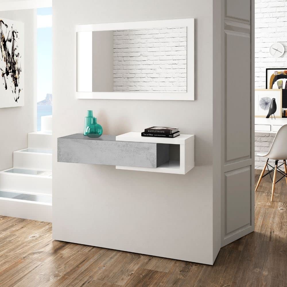 Mobelcenter - Recibidor con Espejo y Cajón - Mueble de Entrada Estilo Moderno - Mueble de Recibidor Color Blanco Artik y Cemento - Medidas: Ancho: 95 cm x Fondo: 26 cm x Alto: 19 cm - (1263)