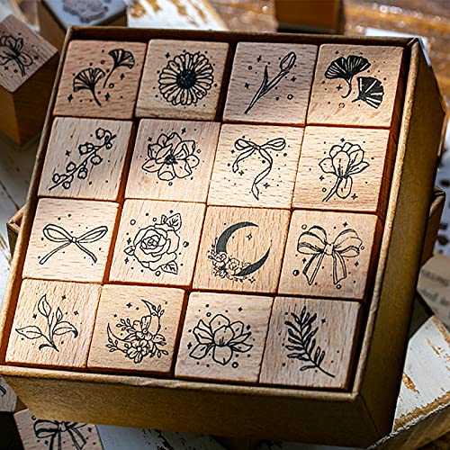 Mantouxixi16 Pieces Vintage Wooden Rubber Stamps Set, Wood Mounted Rubber Stamps for Arts and Crafts, Bullet Journals, Card Making, Scrapbooking Scrapbooks, Envelope, Diary & Tags - Leaves & Flowers