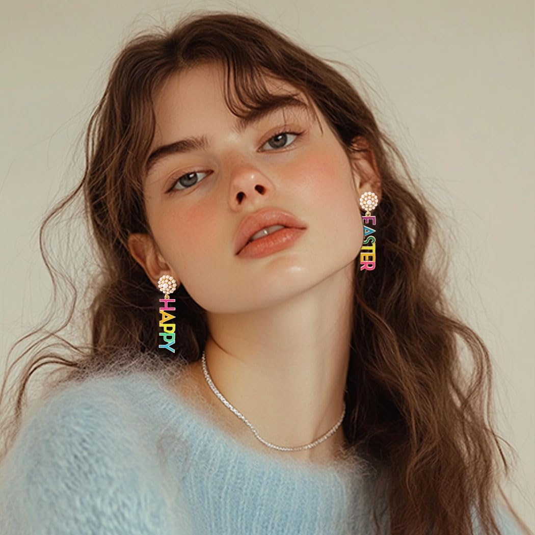 Easter Earrings Colorful Rabbit Bunny Egg Earrings Dangle Funny Dripping Oil Festival Earrings for Women - Image 4