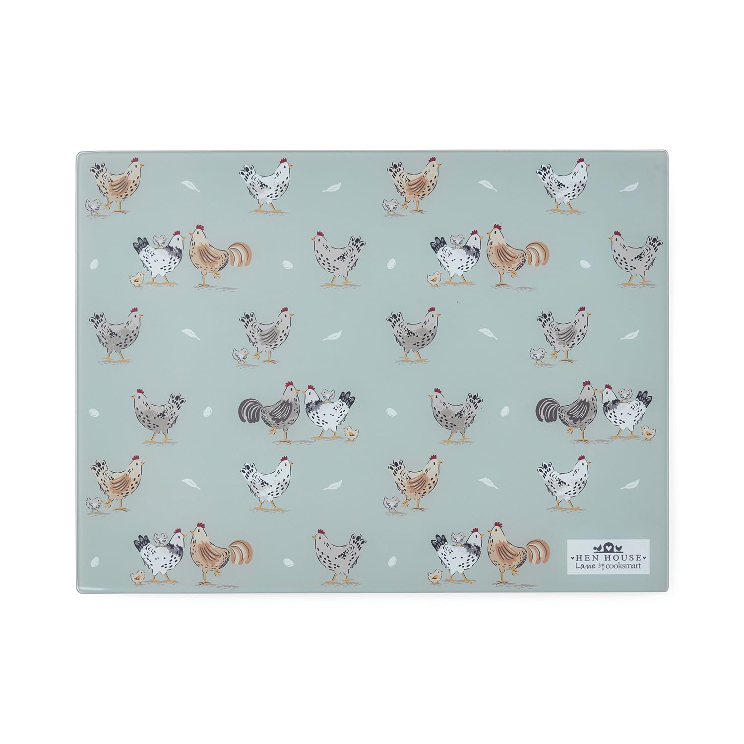 Cooksmart Hen House Lane Glass Worktop Saver | Heat Resistant Kitchen Chopping Board | Tempered Glass Surface | Farmhouse Style with Hens & Chicks Print | Ideal for Food Prep & Serving
