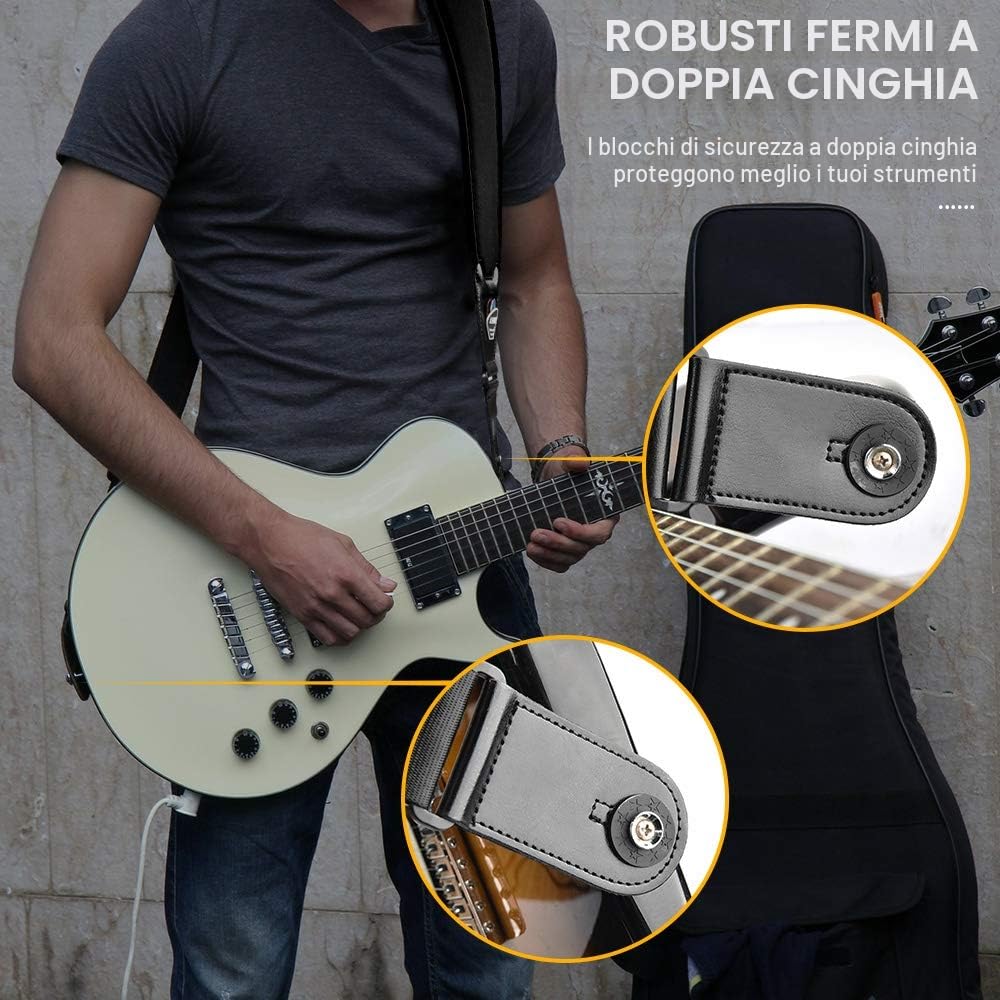 LEKATO Tracolla per chitarra imbottita in neoprene estremità in vera pelle, cinghie per chitarra regolabili per bassi elettrici con 6 plettri e 2 chiusure per tracolla