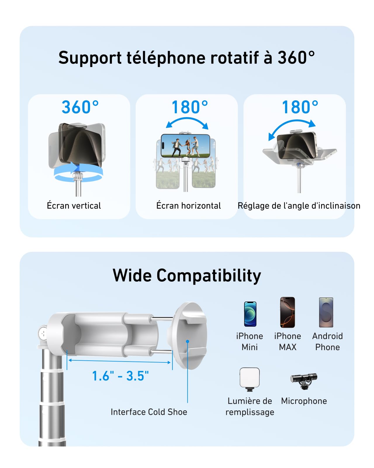TELESIN 170CM 0,1S Auto Ouverture Trépied TéLéphone pour iPhone & Android