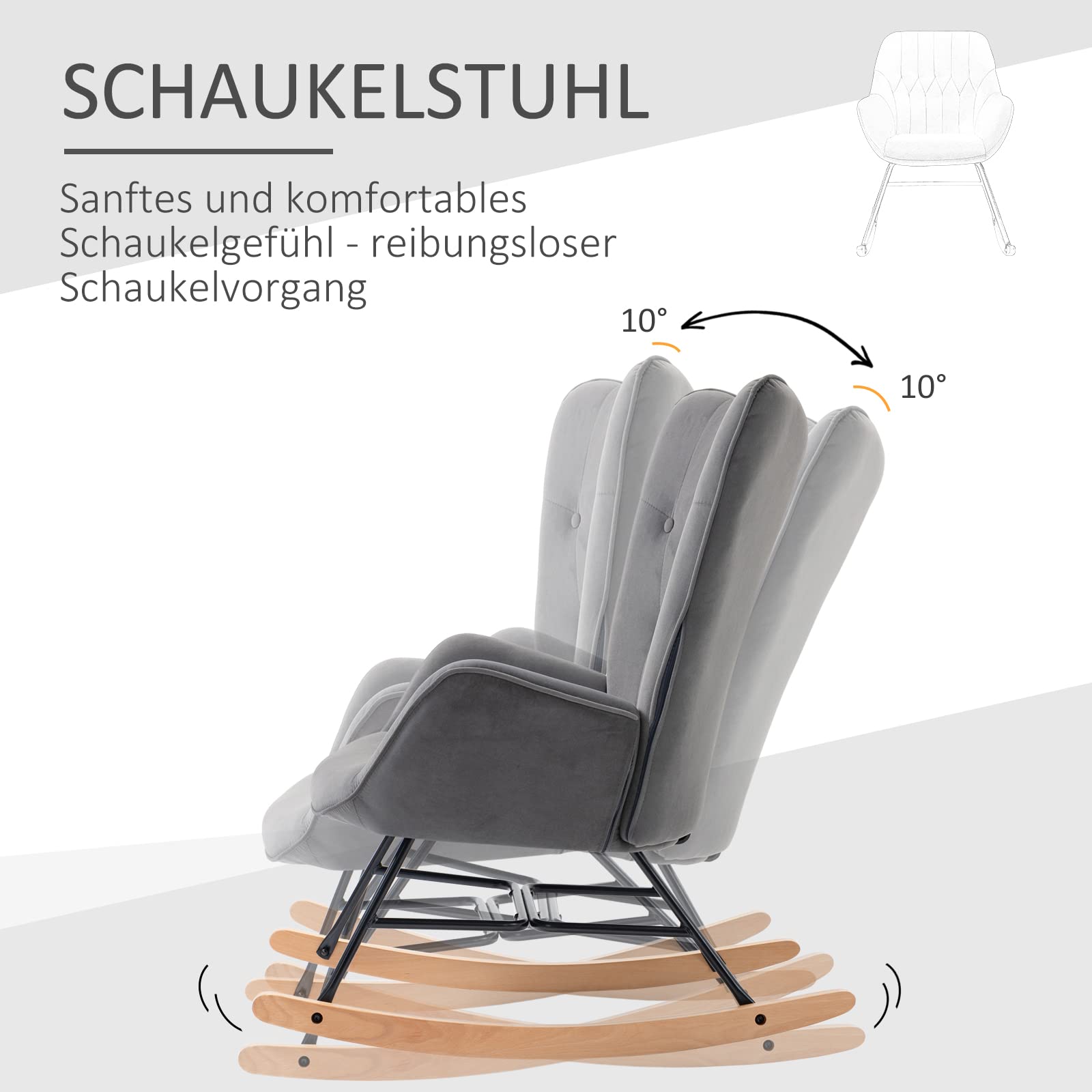 HOMCOM Schaukelstuhl Schaukelsessel mit Rückenlehne, Holzkufen, Sessel, Relaxsessel mit Samtoptik Schwingsessel Relaxstuhl für Wohnzimmer, Schlafzimmer, Balkon Dunkelgrau