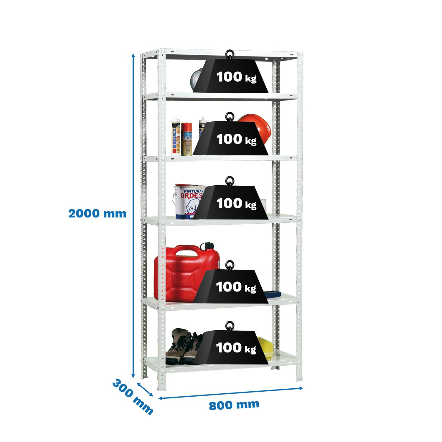 Simonrack Scaffale Metallo Garage, 6 Ripiani, 100 kg di Punto di Flessione, 2000x800x300 mm, Con Viti, Scaffalatura Garage, Bianco - Comfort