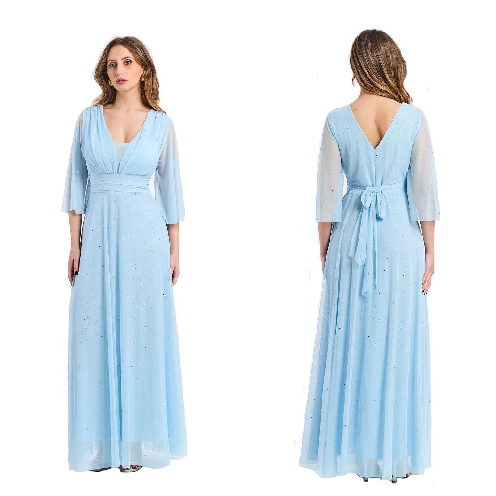 Robe longue élégante pour femme de cérémonie manches 3/4 et col en V. Taille unique réglable. Idéal pour les mariages, les événements et les fêtes. - Fabriqué en Italie