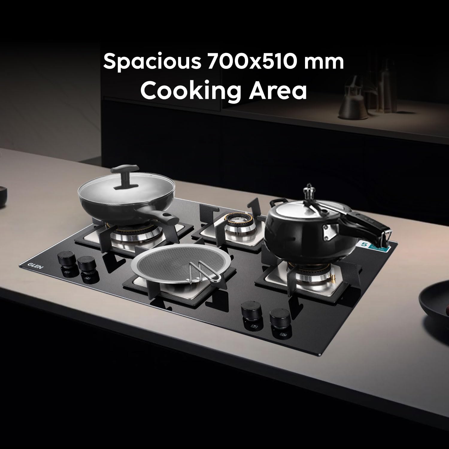 This Glen model provides a generous cooking surface that feels significantly more spacious than entry-level hobs