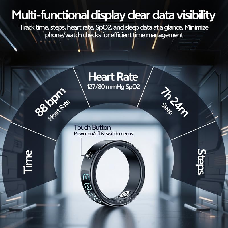 Smart Ring, Fitness Tracker with Health Metrics Tracking, 50 Sports Modes, Sleep Analysis, IP68 Titanium, 7-Day Battery(Black 8#)
