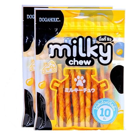 Dogaholic Dog Treats Favorite Flavors Available in Multi Packs with Milky Chew Cheese and Chicken Sticks Style 10 Pieces of Delicious Milk Flavour Wrapped in Real Chicken, Pack of 2