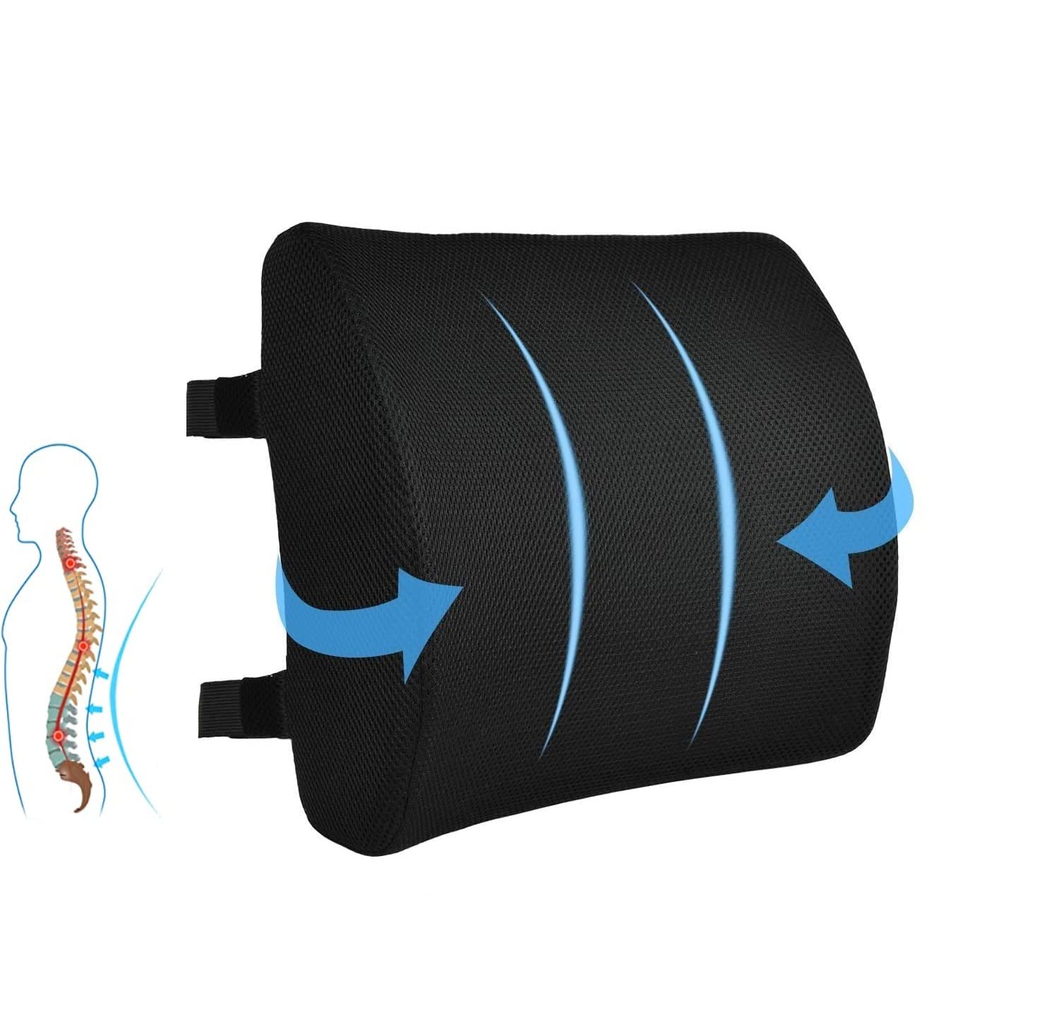 Peng General Lumbar Support Back Pillow Office Chair - Memory Foam with Adjustable Strap and Breathable 3D Mesh (Black)