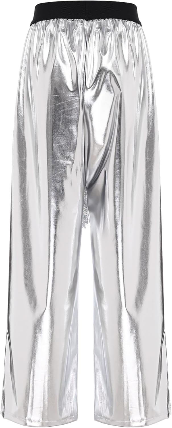 FEESHOW Women Metallic Shiny Latin Jazz Dance Pants Sequined Tassel Wide Leg Trousers Hip Hop Club Party Wear