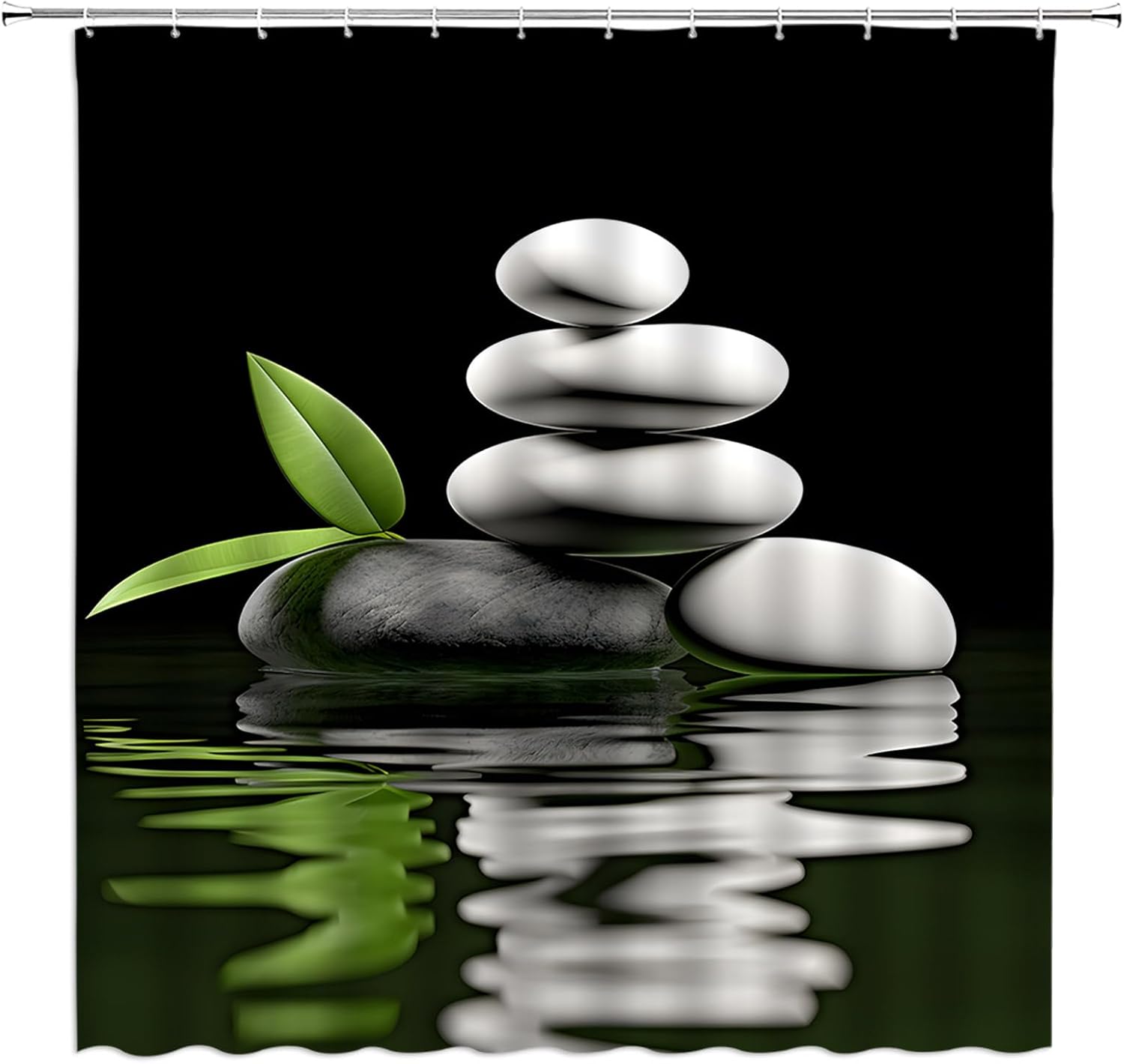 Spa Extra Long Shower Curtain, Water Stone Leaf Lotus Garden Japanese Asian Nature Black White Green Bathroom Home Curtain Decor with Hooks,70" Wx96 H