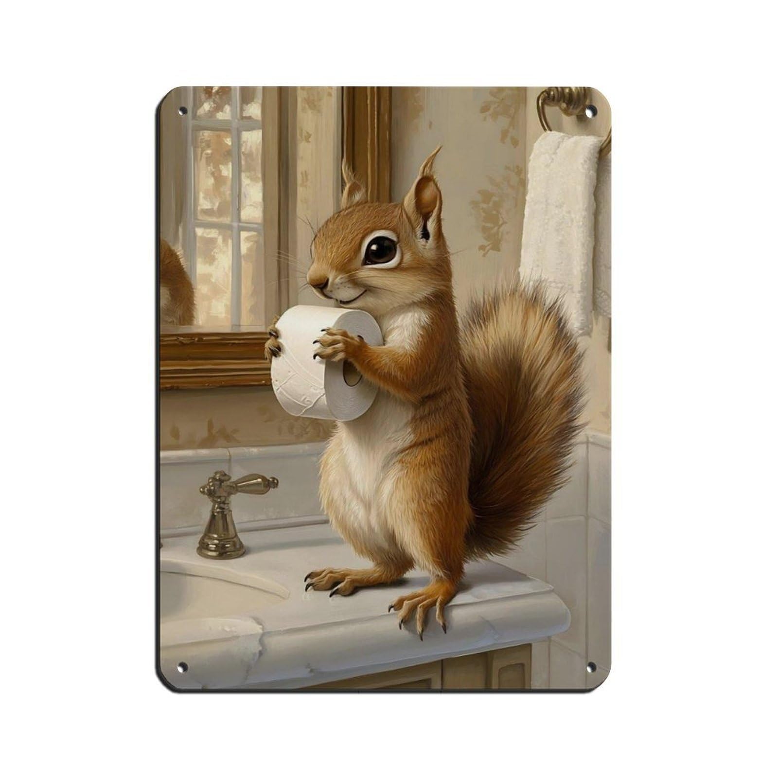 Lxwnze 30L X 40W Cm Squirrel Bathroom, Quirky Animal Decor Tin Sign Vintage Metal Pub Club Cafe Bar Home Wall Art Decoration Poster Retro 12X16inch(30X40cm)
