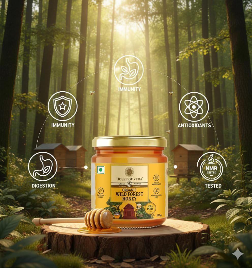 Organic Wild Forest Honey 250g | शुद्ध जंगली शहद | Raw & Unprocessed | NMR Tested | No Added Sugar | Rich in Antioxidants | Certified Organic | Natural Immunity Booster | Chemical Free | House of Veda - Image 7 thumbnail