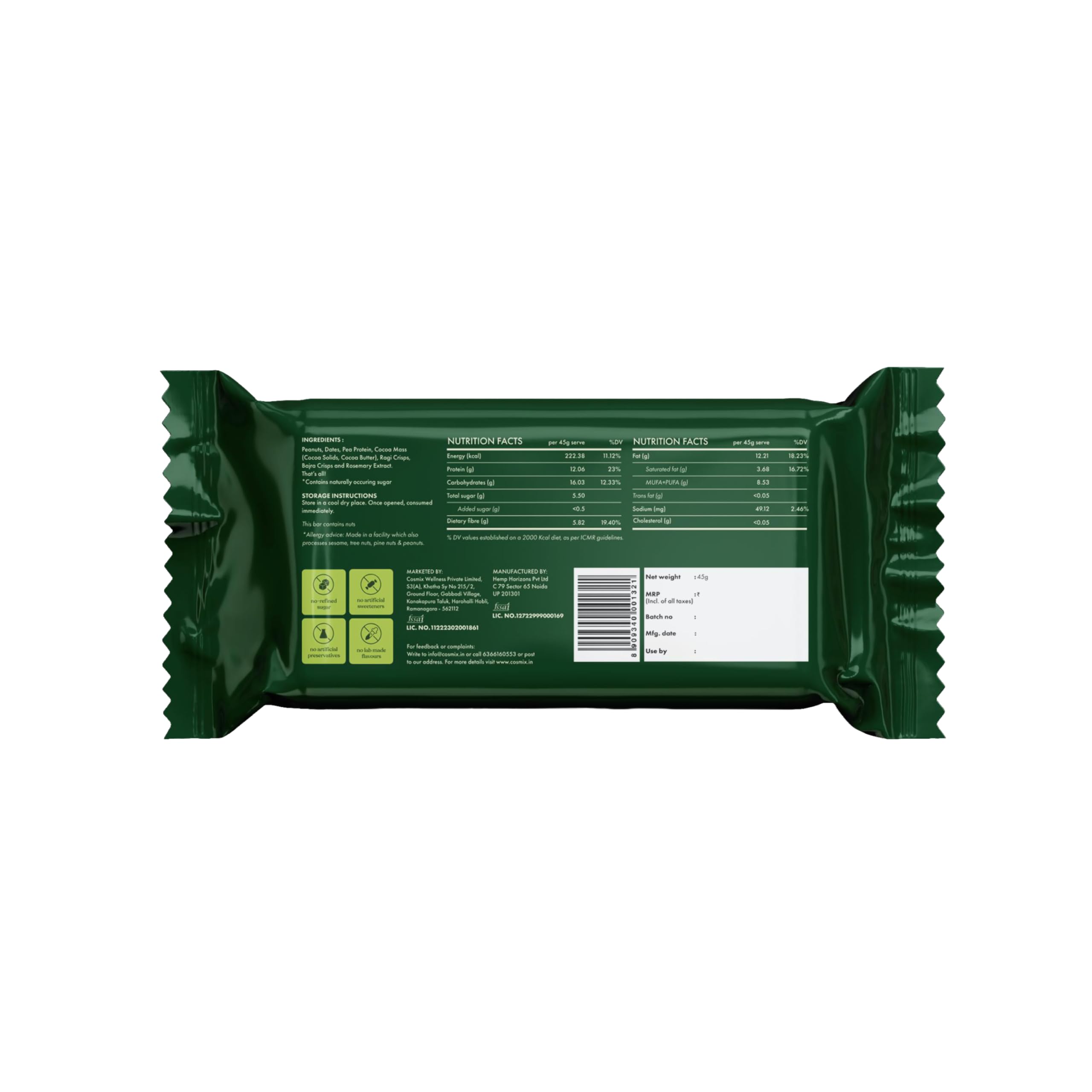Cosmix No-Nonsense Protein Bar | Choco Peanut | 12g Complete Plant Protein + 6g Fibre | No Added Sugar or Preservatives | Gluten & Lactose-Free, Gut-Friendly | 45g Bar — Amazon image 9