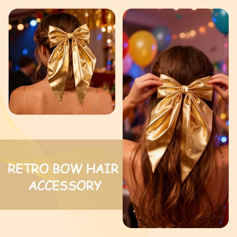 Large Metallic Gold Hair Bow with Long Tails Ribbon Bowknot Clips for Women Girls Sparkly Big Bows Metallic Barrettes for Women Girls Glitter Christmas Birthday Hair Accessories for Tea Party Outfits - Image 4