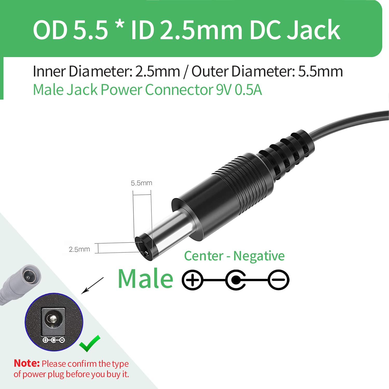 Adaptateur d'alimentation CC 9 V 500 mA pour clavier de piano Casio, adaptateur de pédales d'effets de guitare Boss, alimentation de pédale de guitare 9 V 0,5 A. Certifié UL, négatif central