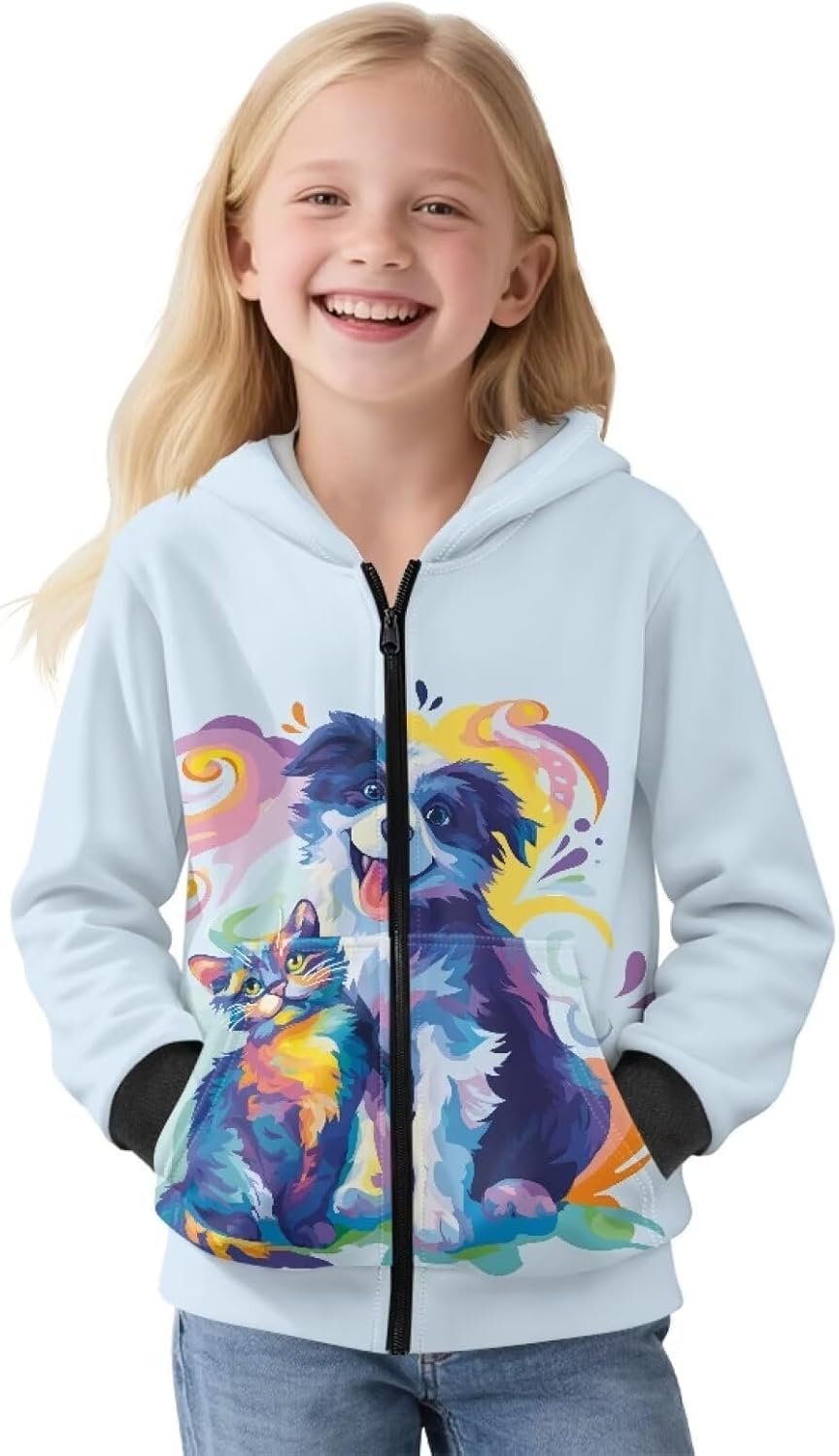 Girls Long Sleeve Hooded Sweatshirt Zip Hoodies for Kids Winter Jackets with Pockets Warm Tops for Home 6-16