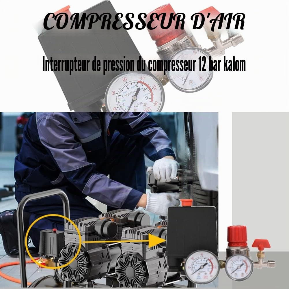 Compresseur d'air 12 bar, Pressostat Compresseur d'air, pour régulateur de soupape de commande de commutateur, 0.05-1.2Mpa, 3000L/min, Connector: 2-G1/4, Gauge diameter: G1/8 240V, 30-180 PSI