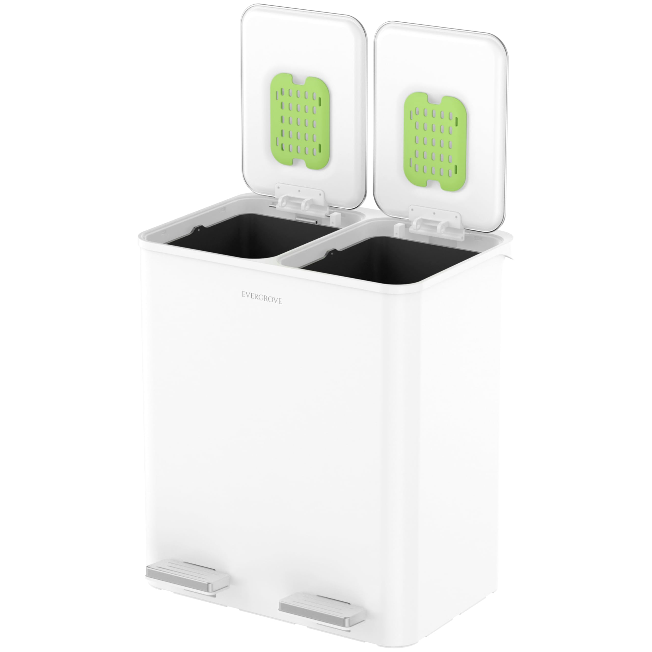 EverGrove 30-Liter-Mülltrennsystem, 2 x 15 L (Weiß) | Gehäuse, Deckel und Pedale aus Edelstahl; zwei PP-Inneneimer, sanft schließende Deckel und ein eingesetzter Geruchsfilter.