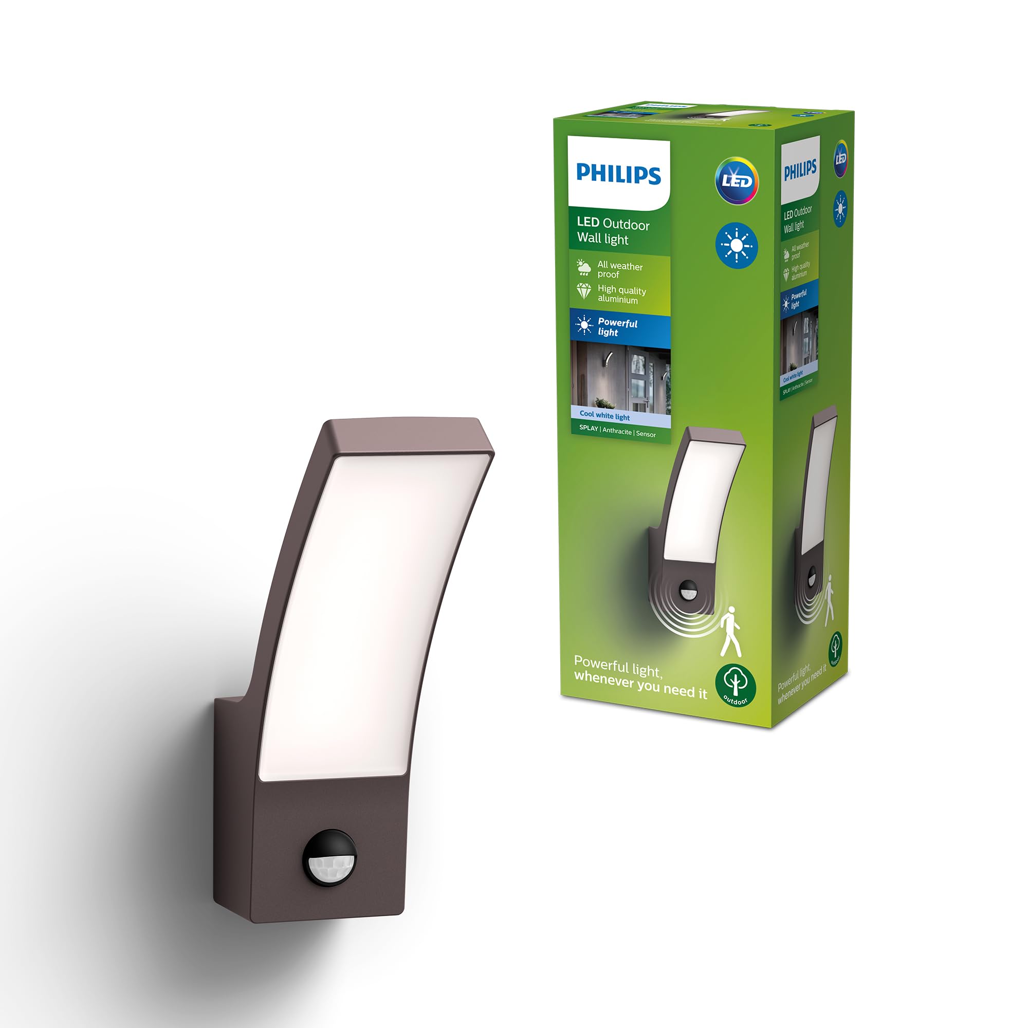 PHILIPS Splay Applique Extérieure LED, 12 W, 1600 lm, Lumière Blanche Froide 4000 K, IP44 Résiste aux Intempéries, Détecteur de Mouvement Infrarouge, LED Intégrée, Durable, Aluminium, Gris Anthracite