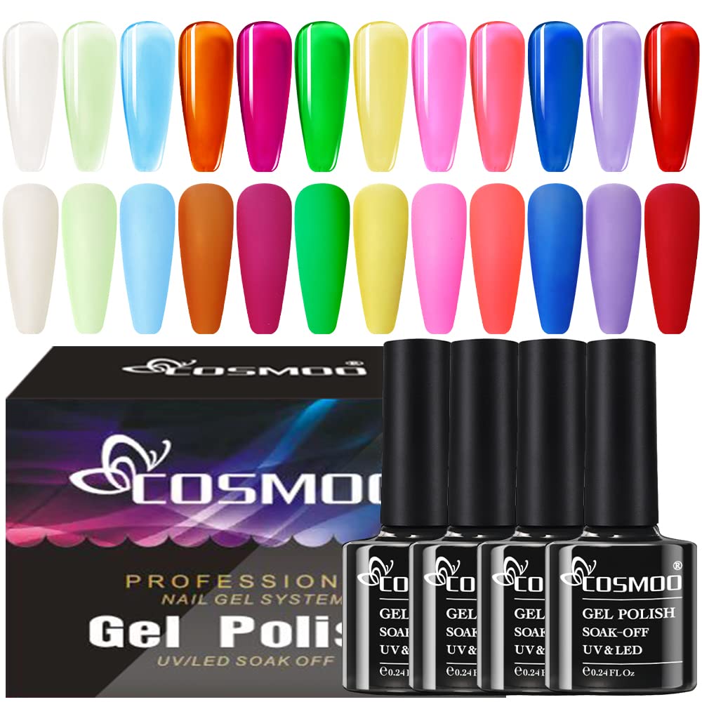 COSMOOGlaze Glass Jelly Gel Nail Polish Translucent Semi Permanent Transparent Candy Color Gel Nail Polish-12PCS (Translucent Gel Nail Polish Set)