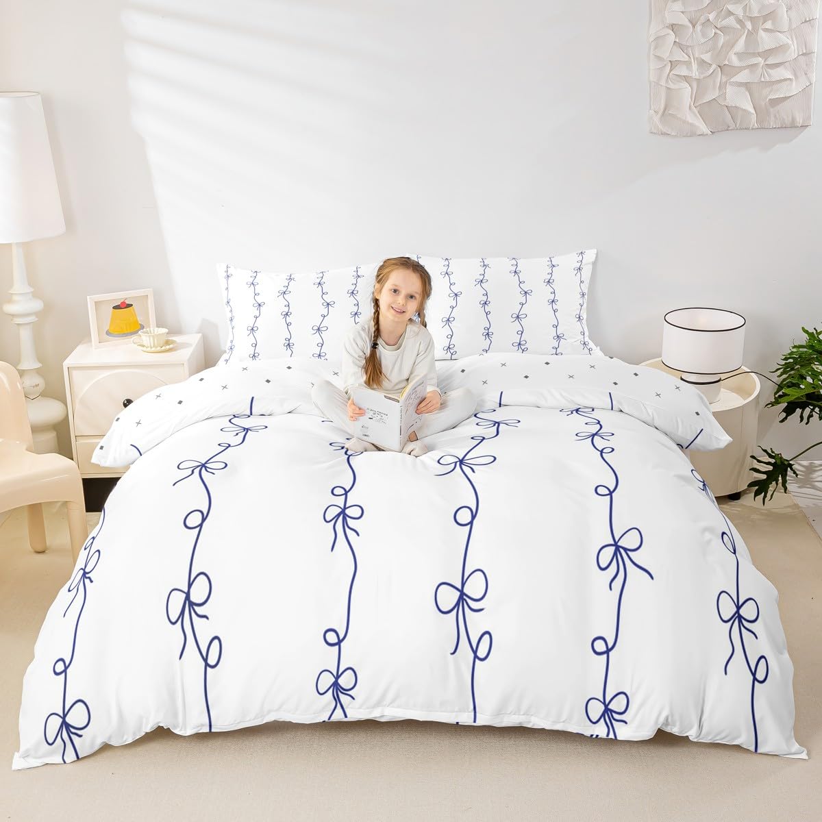 Parure de lit Manfei King Size à rayures ondulées et nœud papillon avec 2 taies d'oreiller