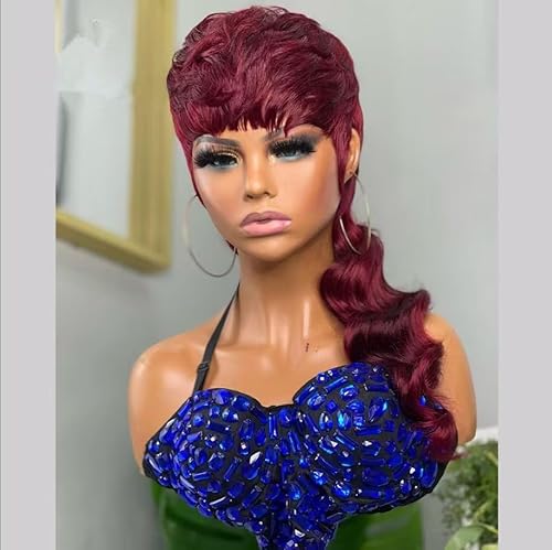 QITAQOTA Burgundy Pixie Cut Mullet Wig with Short Wavy Style,