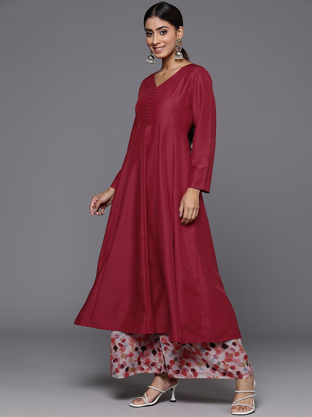 Varanga Women Maroon Anarkali Kurta Paired With Contrast Bottom And Dupatta