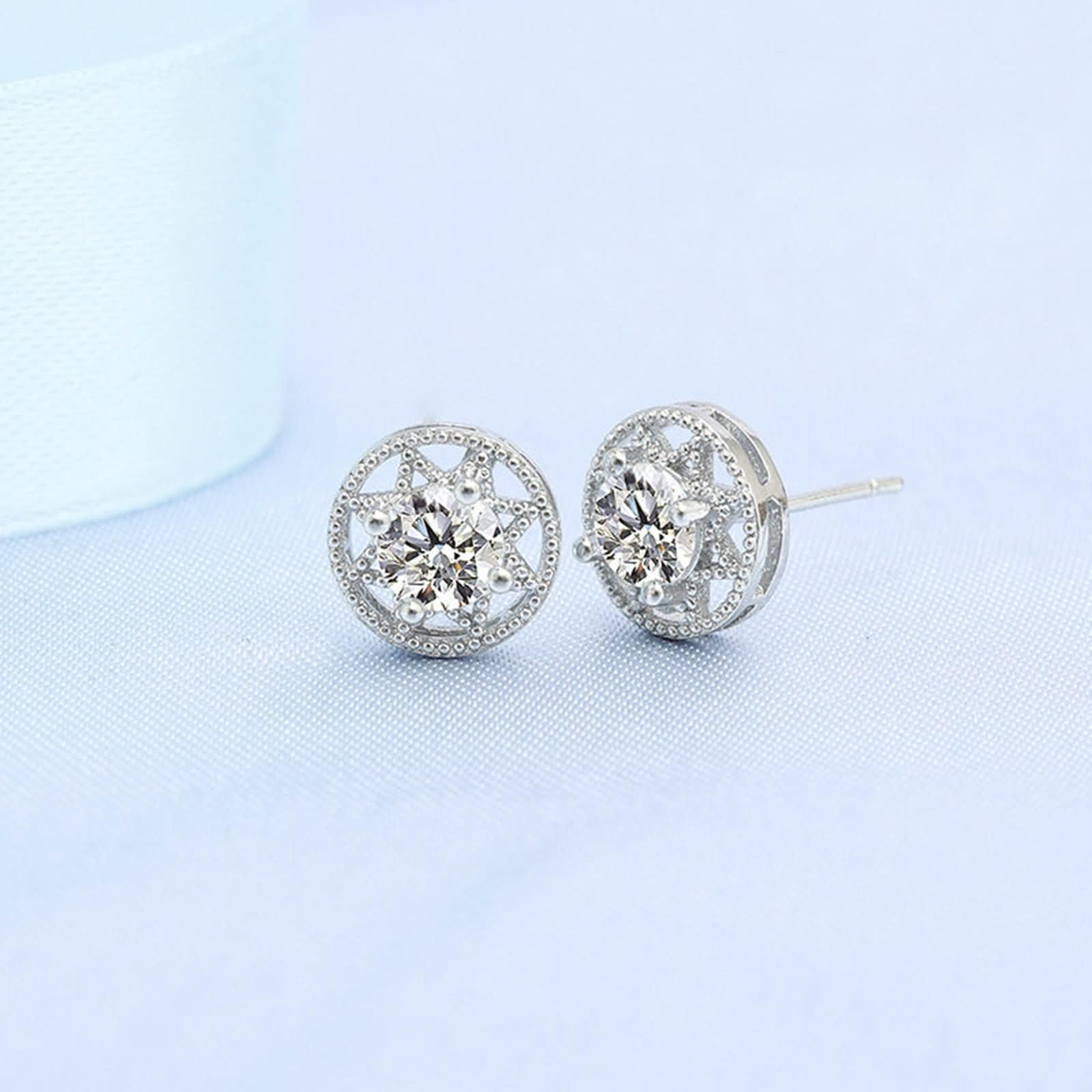 Pendientes de Oro Blanco para Mujer 9K / 14K / 18Kt, Redondo y Estrella con Moissanita, Pendientes Boda Plata para Mujer