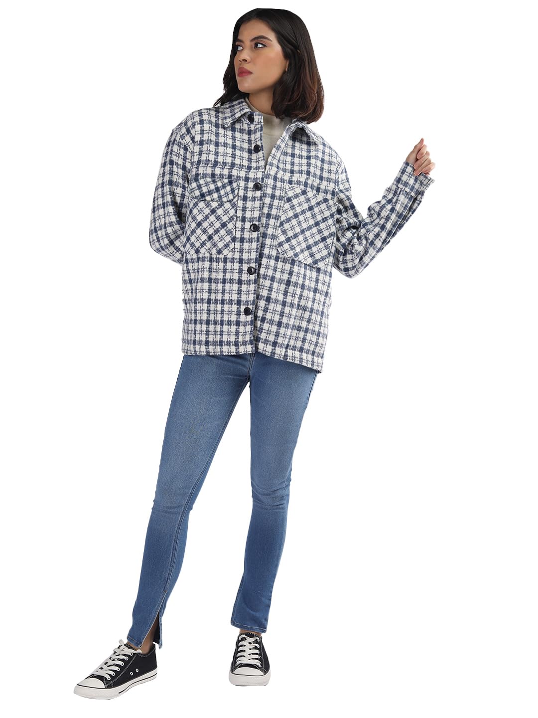 Tweed Women Oversized Winter Shacket Stylish Standard Length Coat Plaid Jacket Shirt