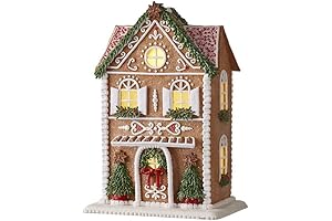 13-inch Gingerbread Lighted Christmas House with Forest Green Trees