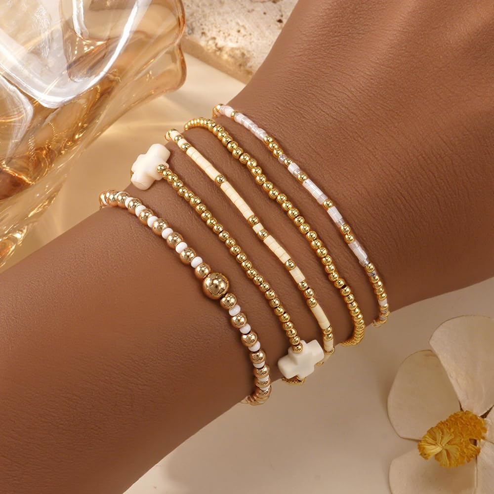 5Pcs Gold Plated Cross Beaded Bracelets Stack Set for Women,Stretch Stackable Boho Colorful Beads Ball Jewelry Friendship Summer Daily Wear Trendy - Image 2