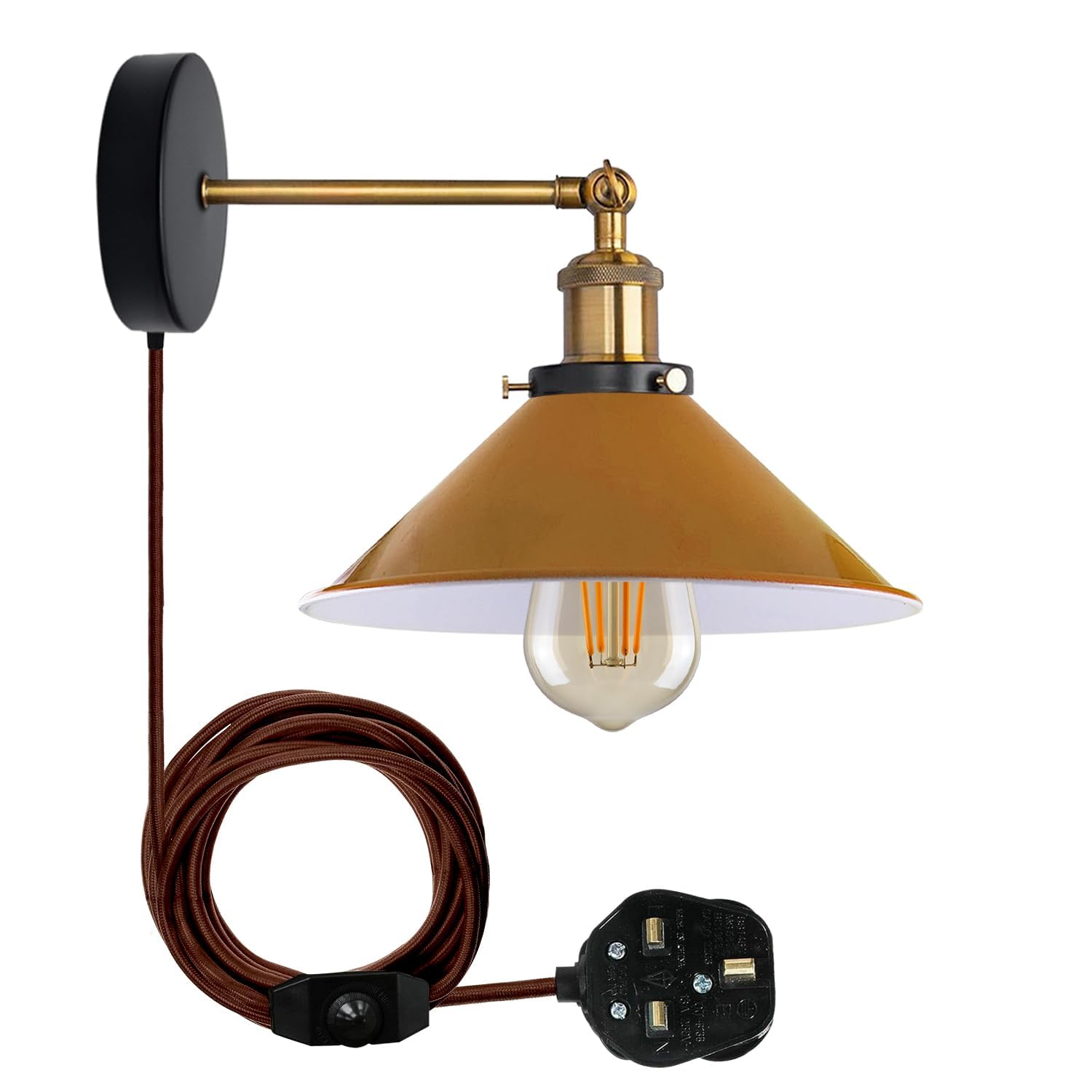 LEDSone Retro Industrial Wall Light Plug-in Wall Lamp Metal Cone Shape Shade Indoor Light Fitting with Dimmer Switch for Bedroom Hallway Restaurants