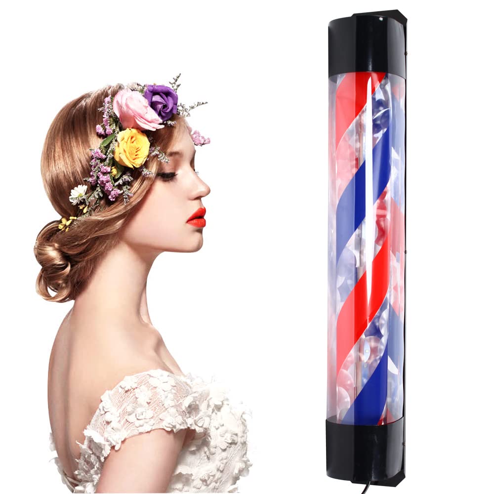 banborba 90cm LED Barbers Pole Light Outdoor Barber Pole, Rotating Light Salon Sign Illuminated Stripe Light Red White Blue Stripes Rotating Illuminating Salon Shop Sign for Hair Salon Barber Shop